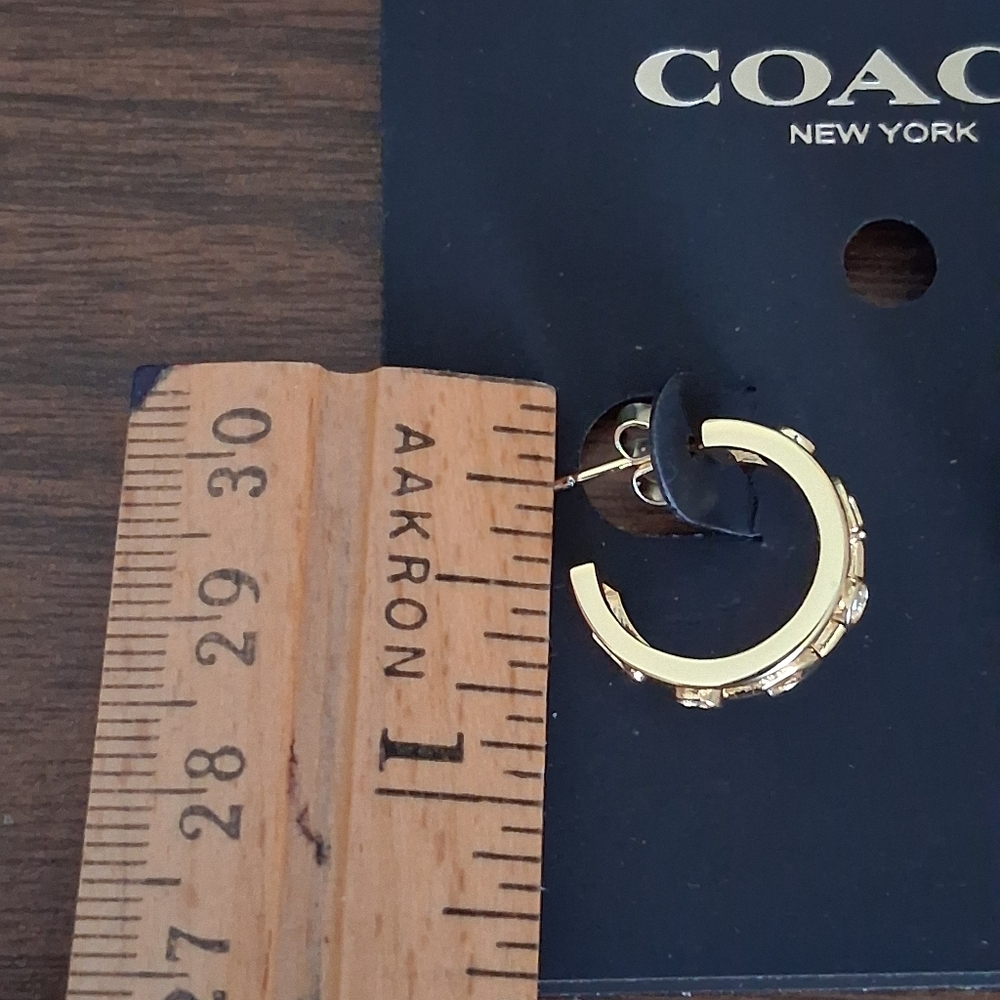 Coach Gold Embellished Signature "C" Logo Hoop Earrings With Crystal Accents NWT - Picture 7 of 10